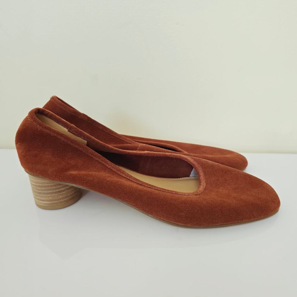 Anthropologie Soludos Juliette Pumps Stacked Heel Suede Round Toe Rust Orange 11 - Picture 5 of 12